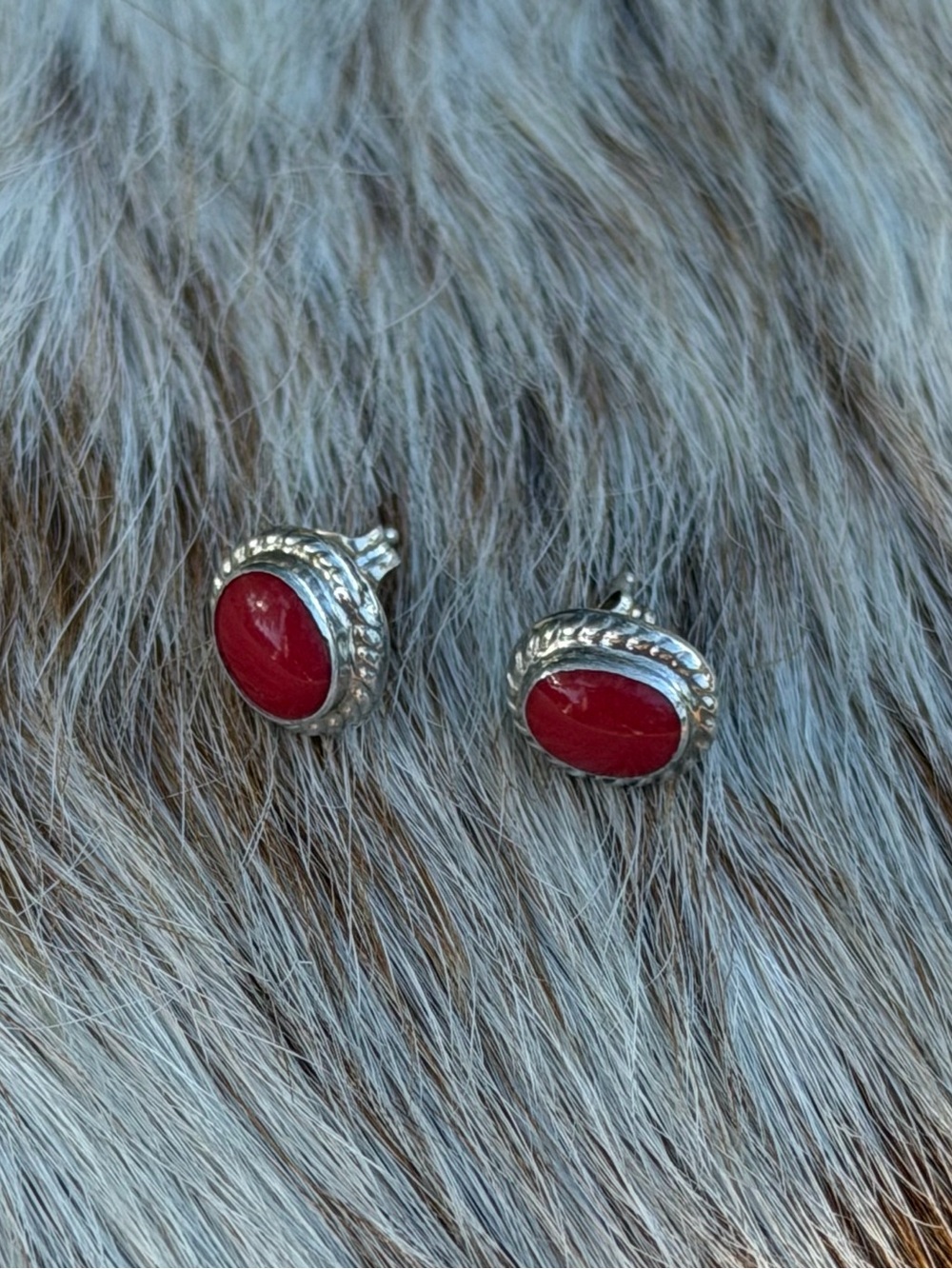 VTG Native American (stamped) Red Coral and Sterling Silver Studs